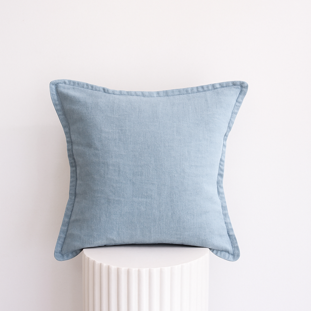 100% belgium linen vintage washed cushion- feather filled in light blue