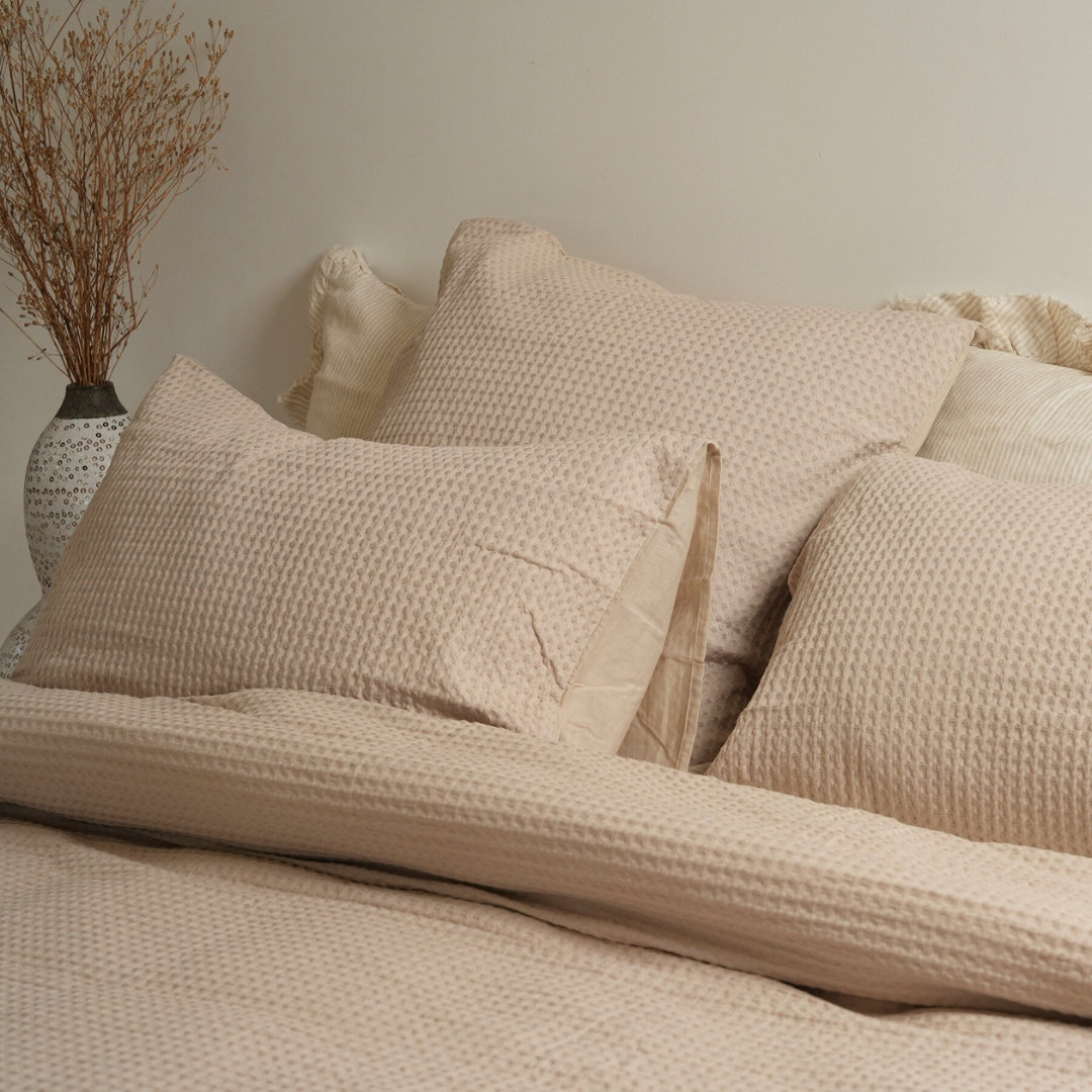 100% cotton waffle duvet set in natural, close-up