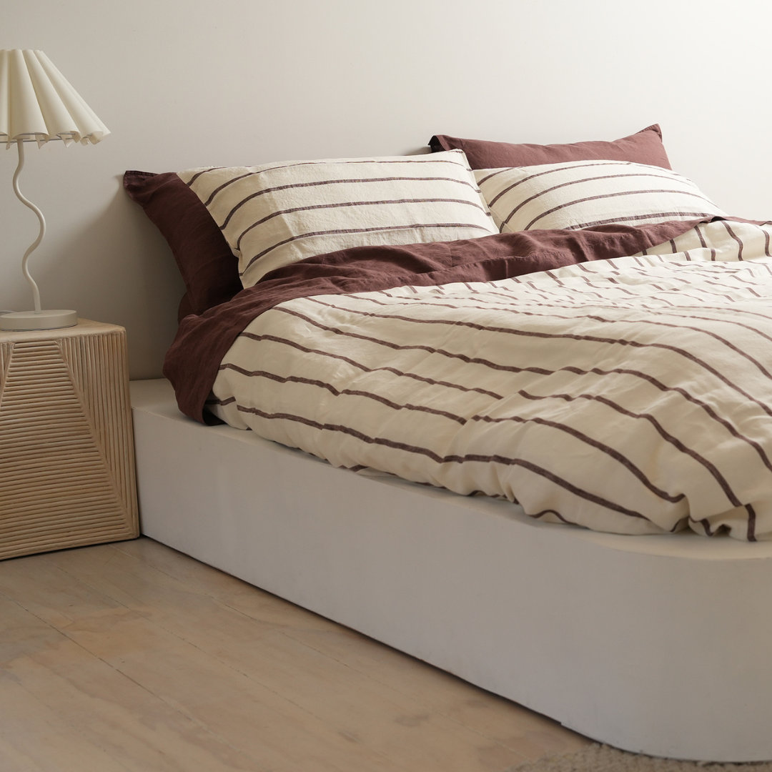 100% french flax linen duvet cover set in cocoa stripe