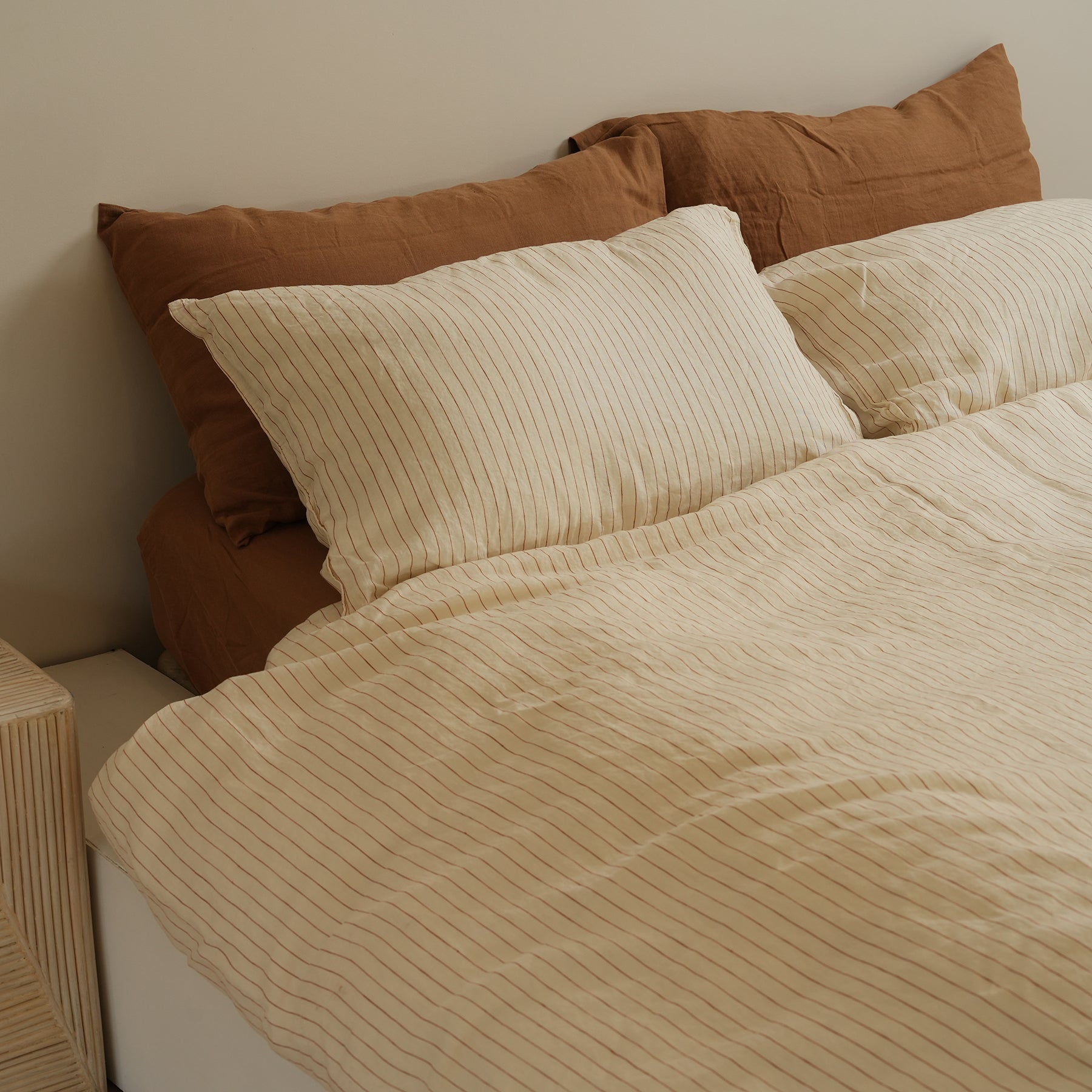 100% french flax linen duvet cover set in ginger pinstripe, side view