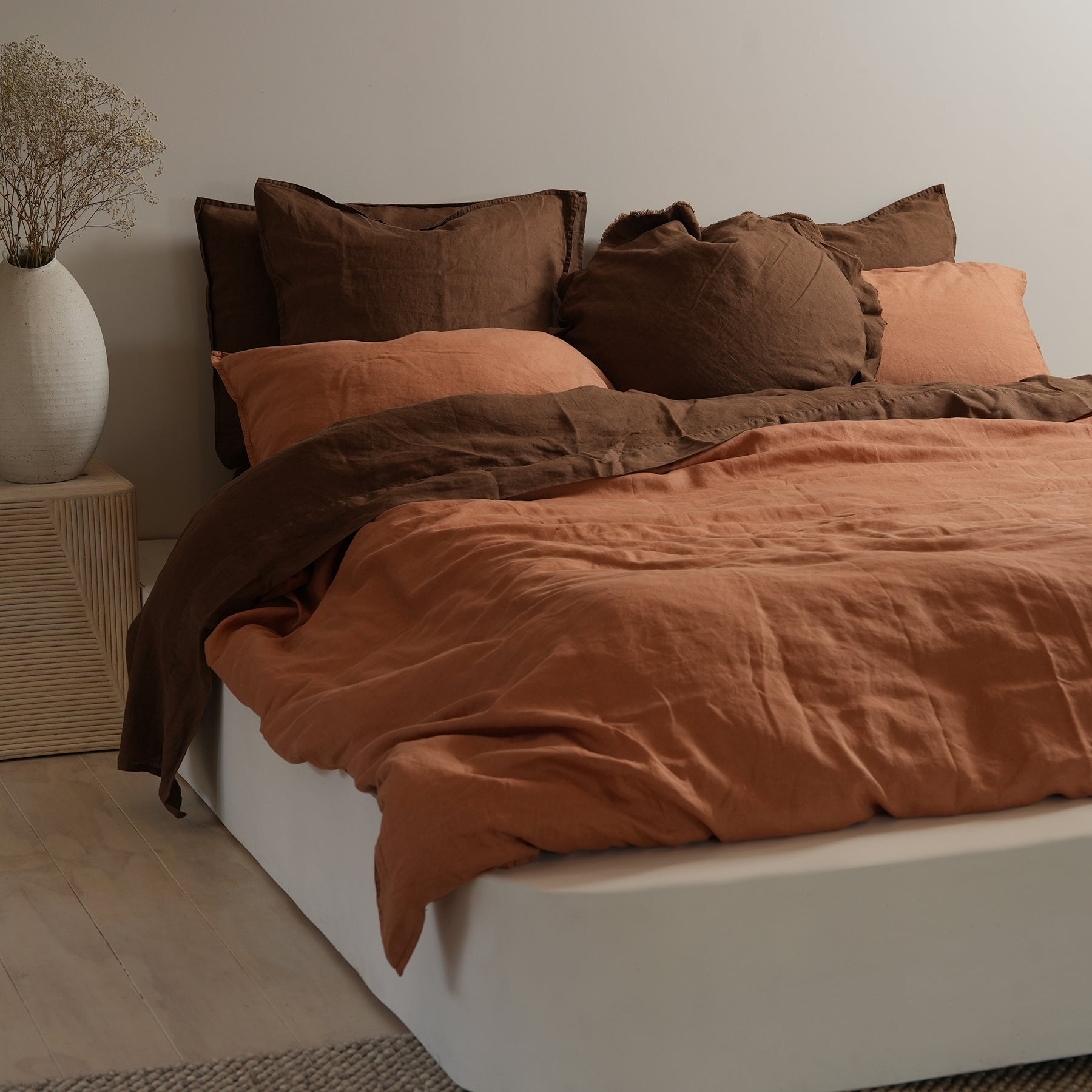 100% french flax linen duvet cover set in hazelnut, styled shot