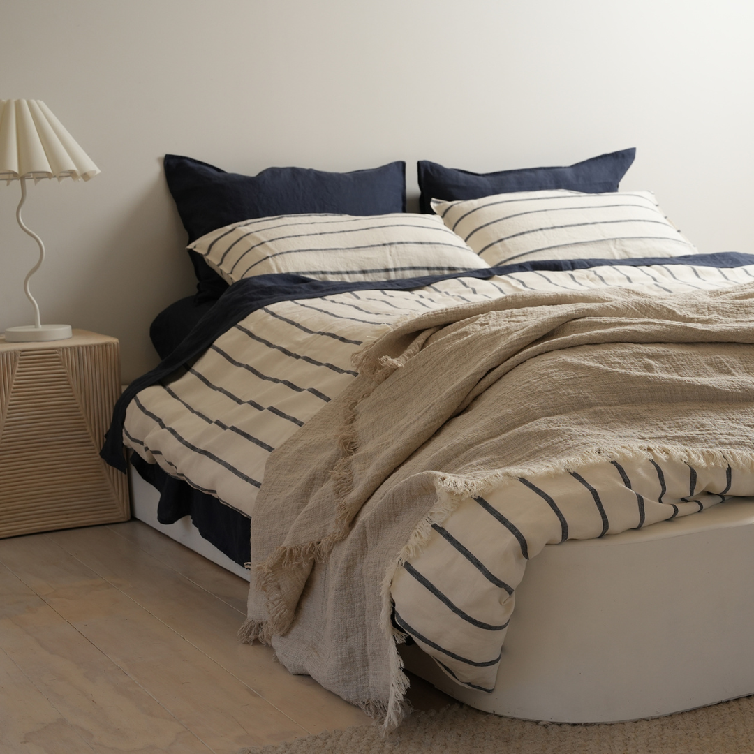 100% french flax linen duvet cover set in midnight stripe, detail view