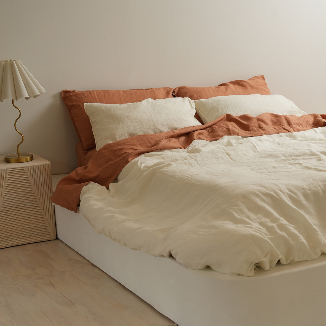 100% french flax linen duvet cover set in milk, close-up