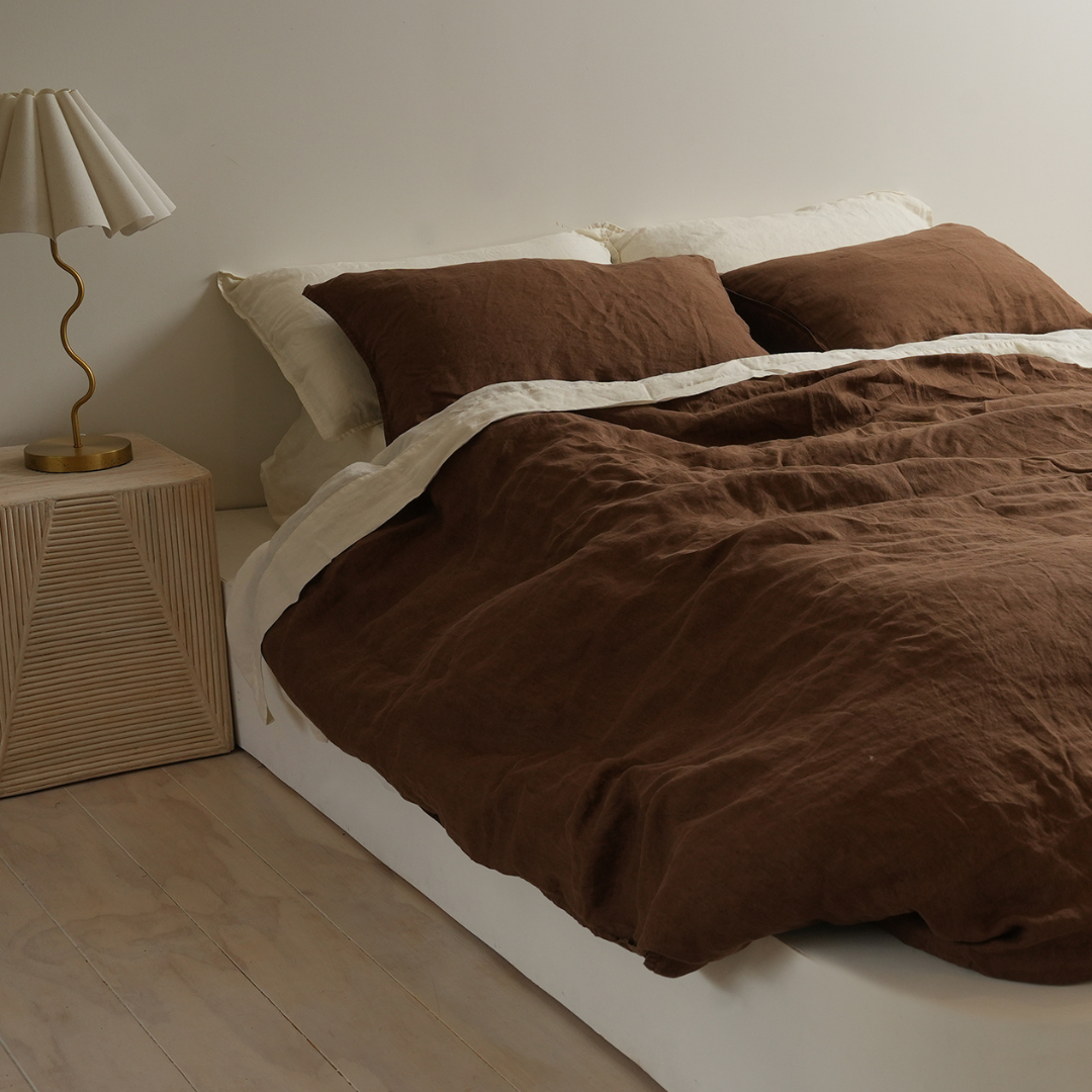 100% french flax linen duvet cover set in mocha, close-up