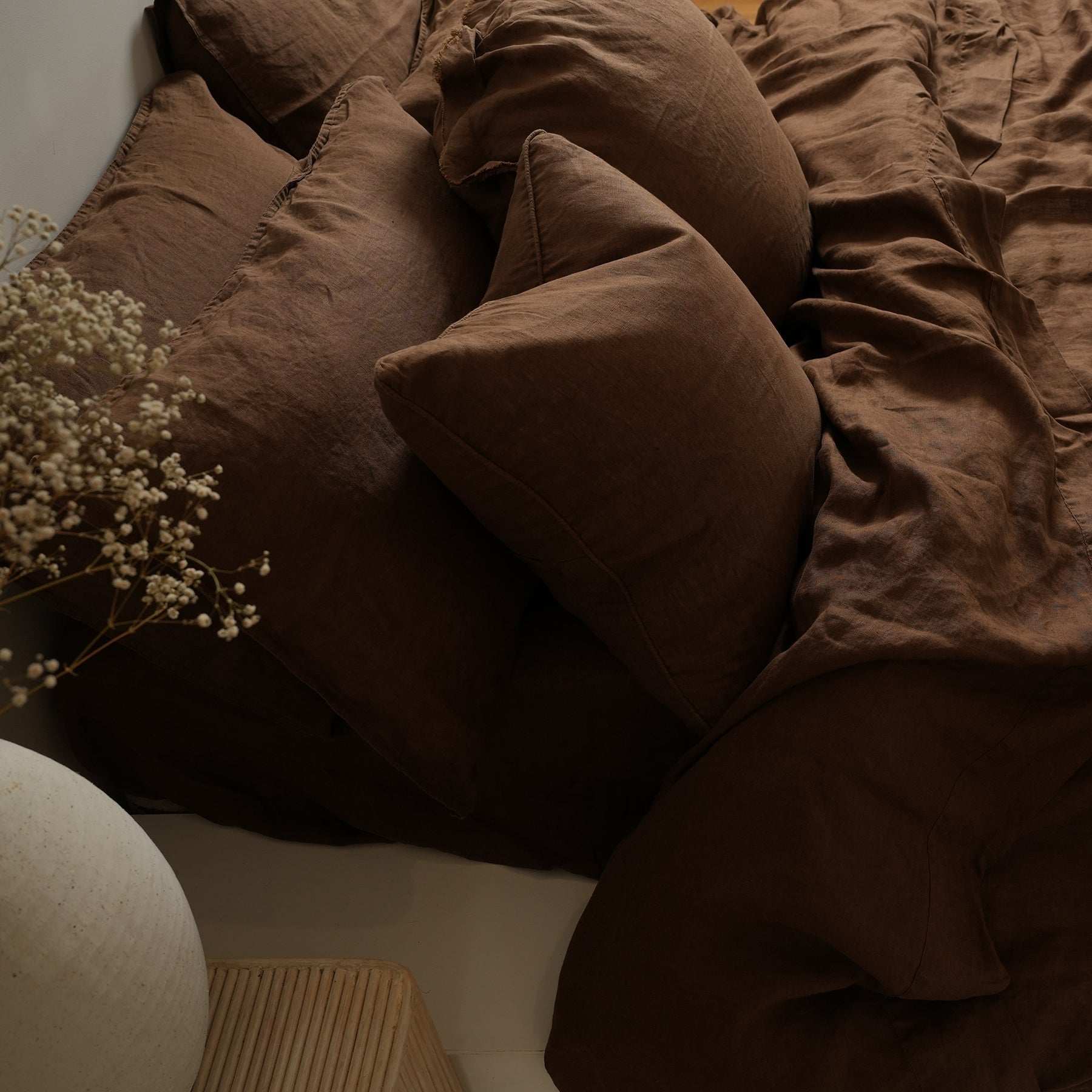 100% french flax linen duvet cover set in mocha, styled shot