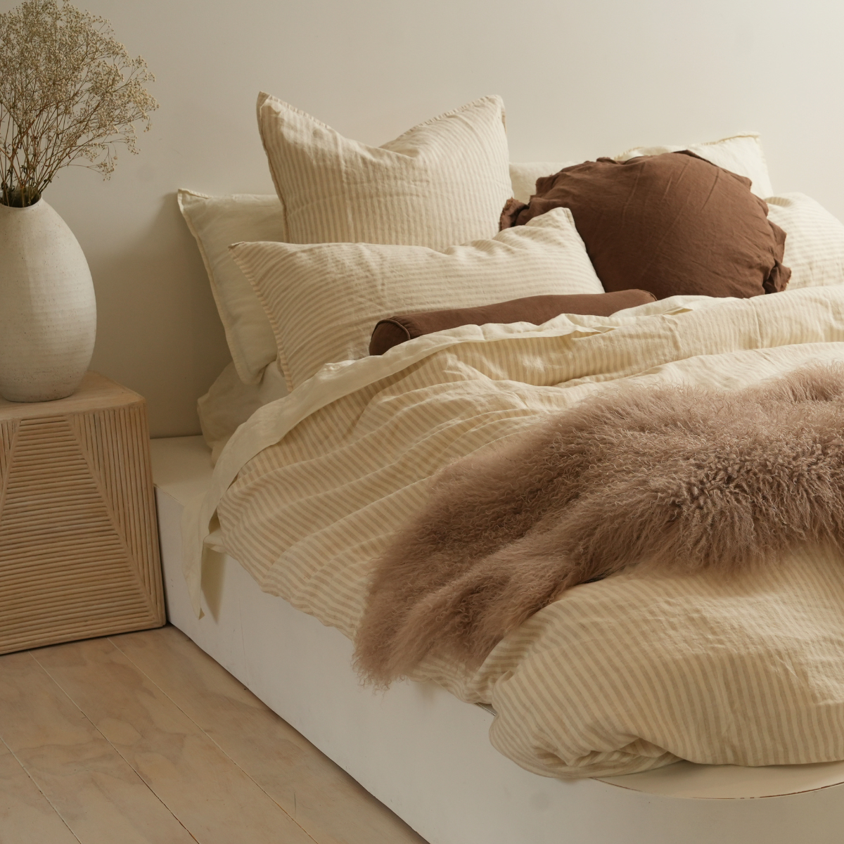 100% french flax linen duvet cover set in sand stripe, detail view