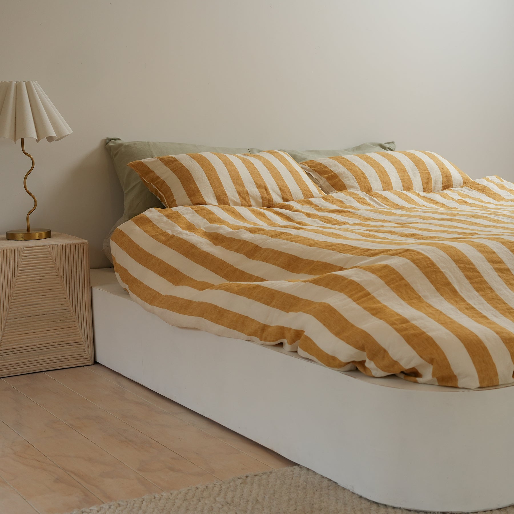 100% french flax linen duvet cover set in sunflower stripe, close-up