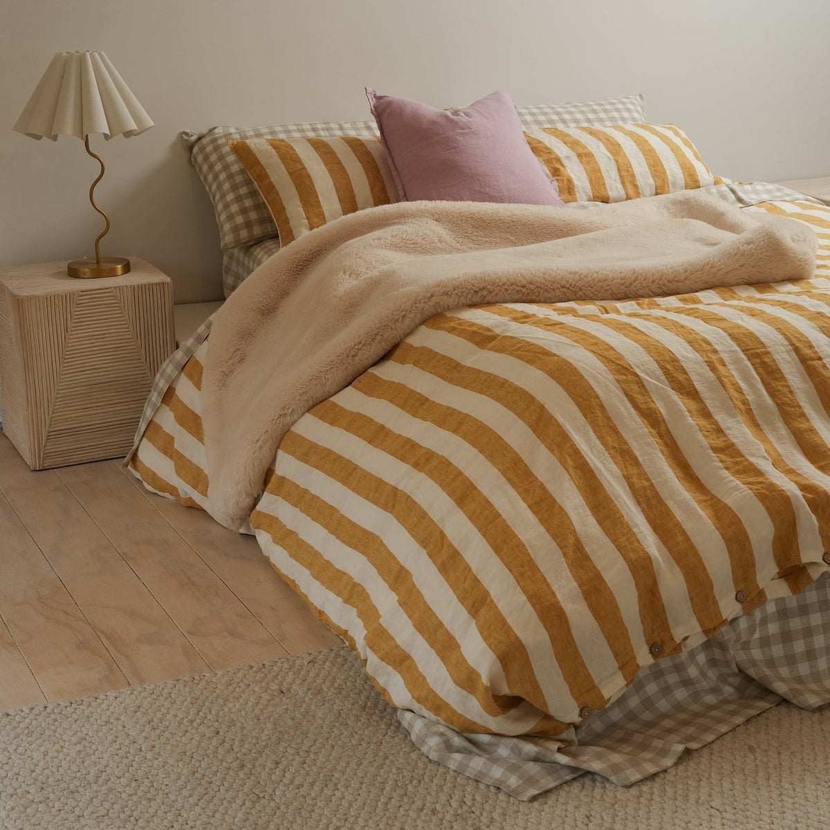 100% french flax linen duvet cover set in sunflower stripe, styled shot