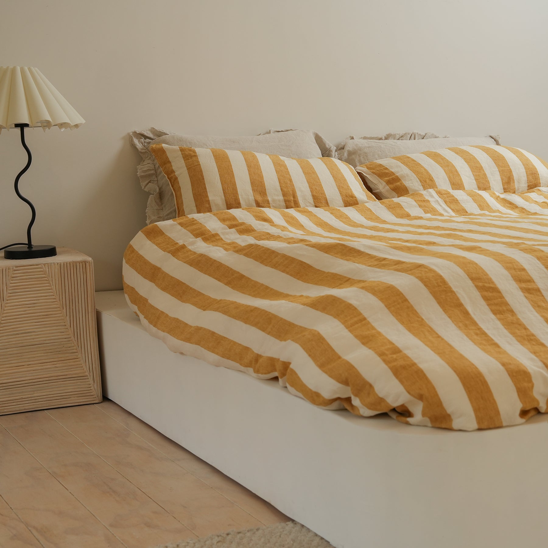 100% french flax linen duvet cover set in sunflower stripe, detail view