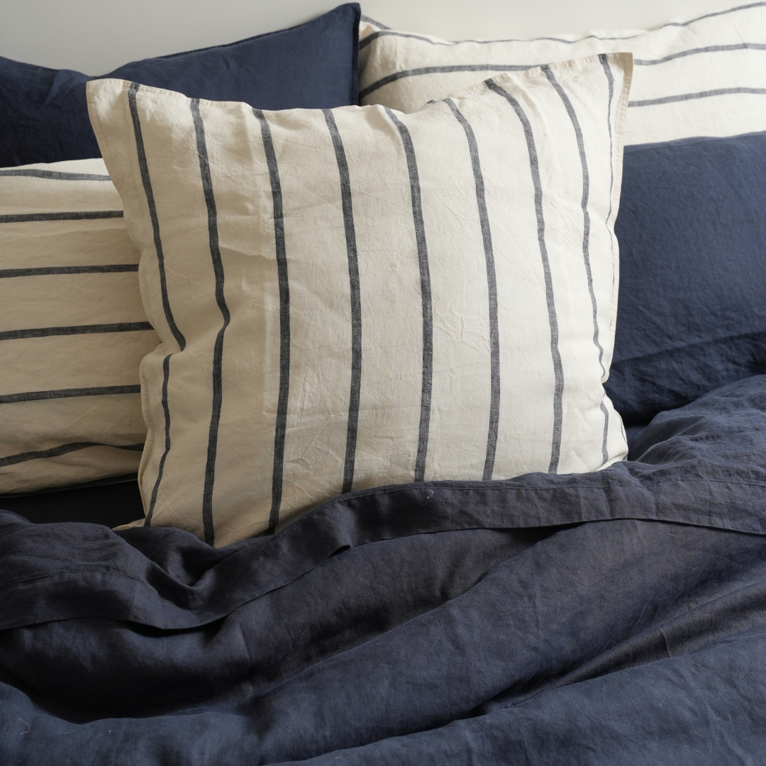100% french flax linen euro pillowcase in midnight stripe, detail view