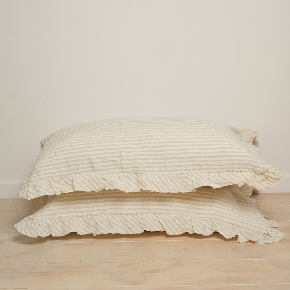 100% french flax linen ruffle edge pillowcase pair in sand stripe