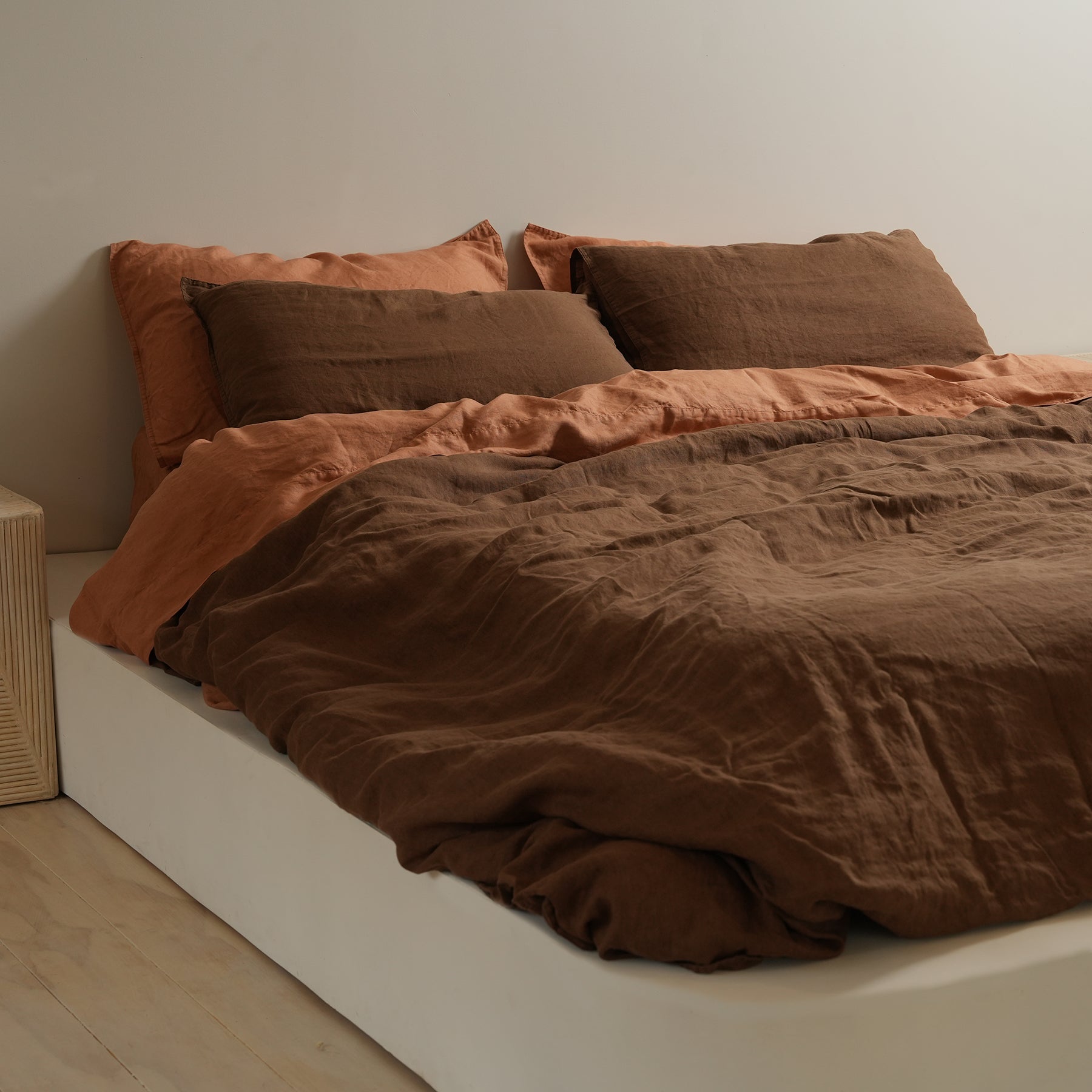 100% french flax linen sheet set in hazelnut, styled shot