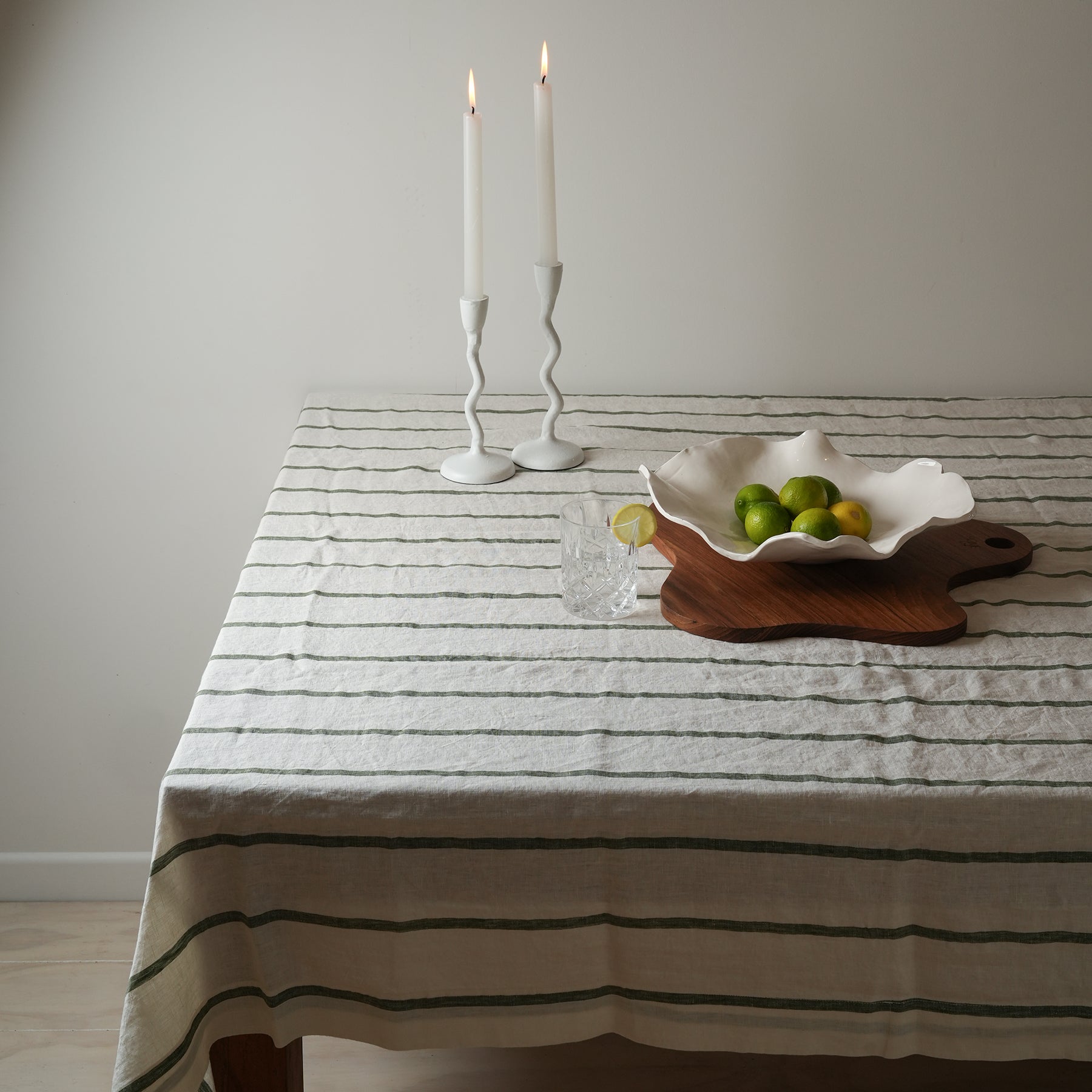 100% french flax linen tablecloth in lichen stripe, close-up