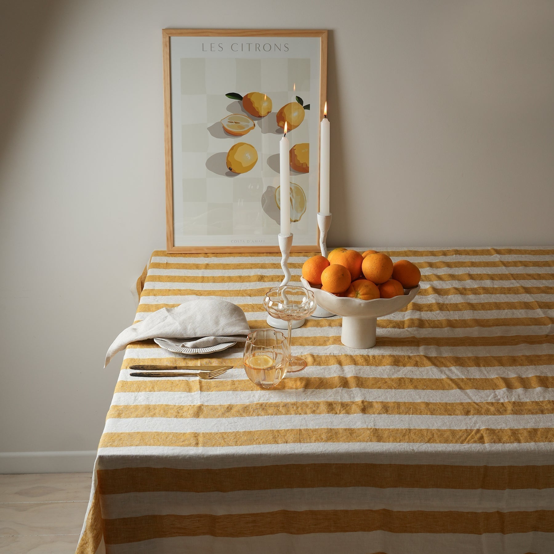 100% french flax linen tablecloth in sunflower stripe