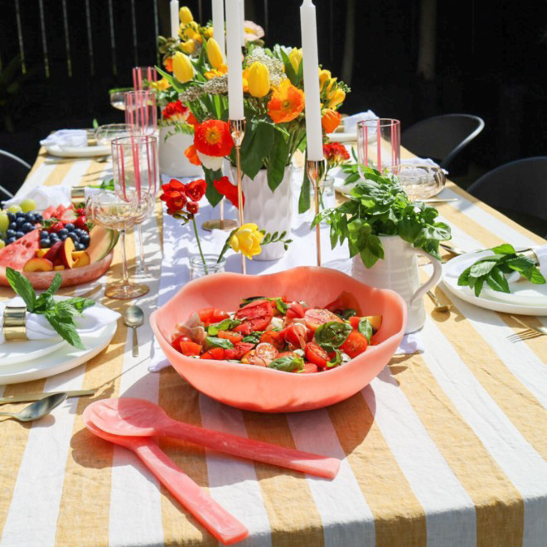 100% french flax linen tablecloth in sunflower stripe, close-up