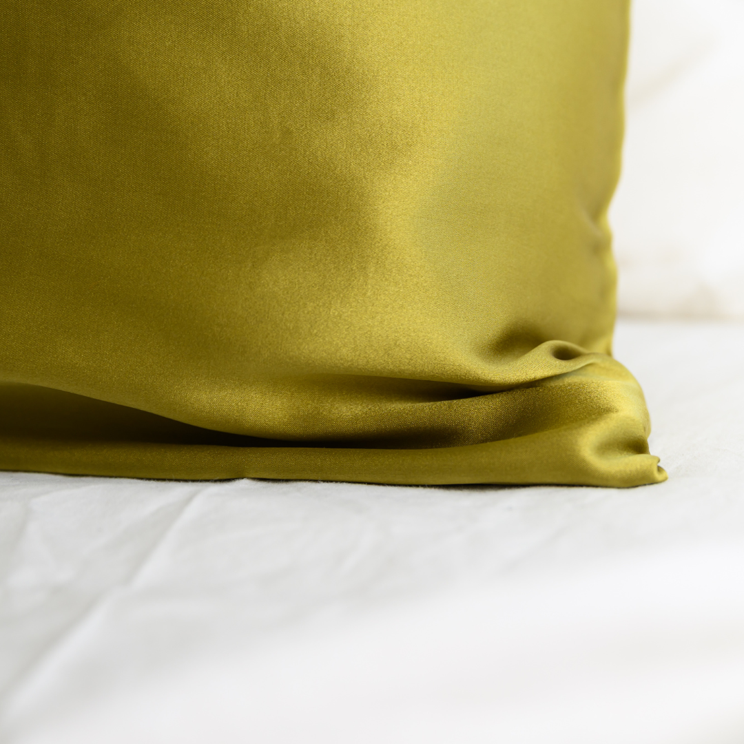 100% pure silk pillowcase in khaki, styled shot