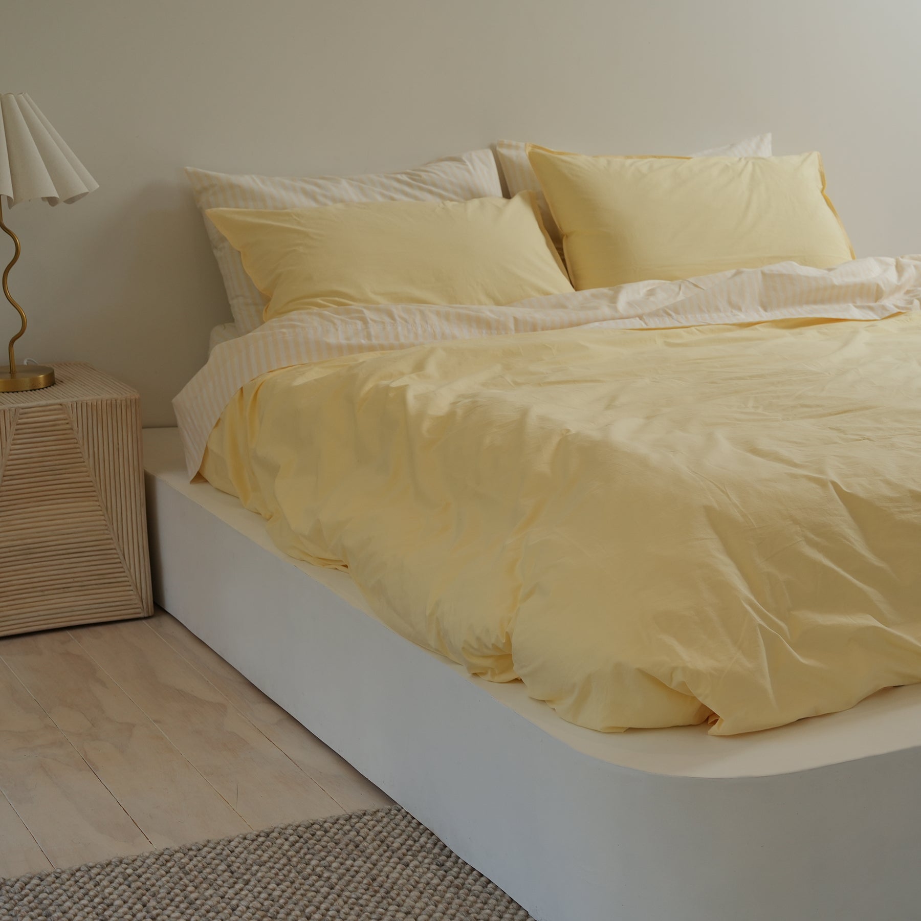 100% stonewashed cotton duvet set in butter, detail view