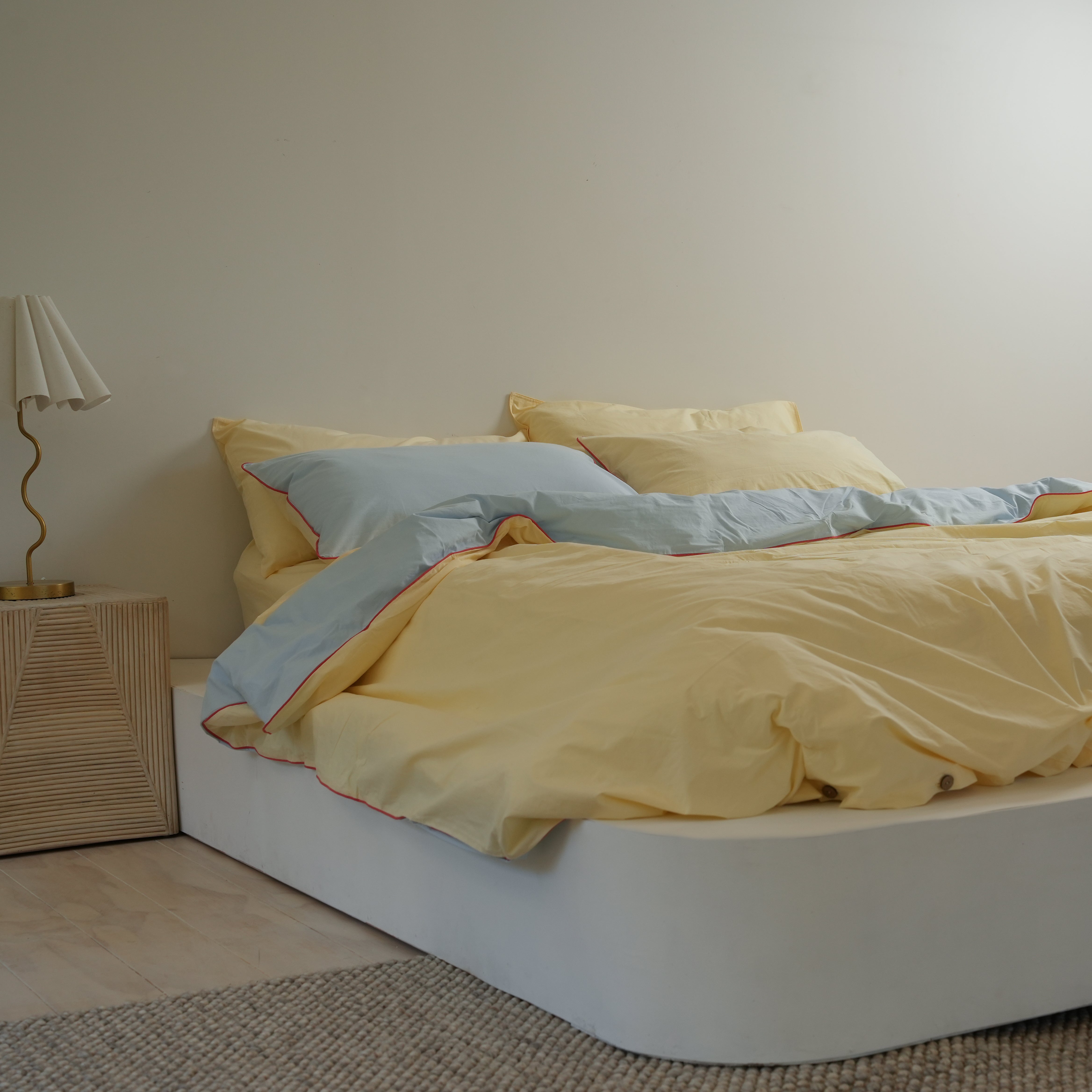 100% stonewashed cotton duvet set in butter/sky reversible, close-up