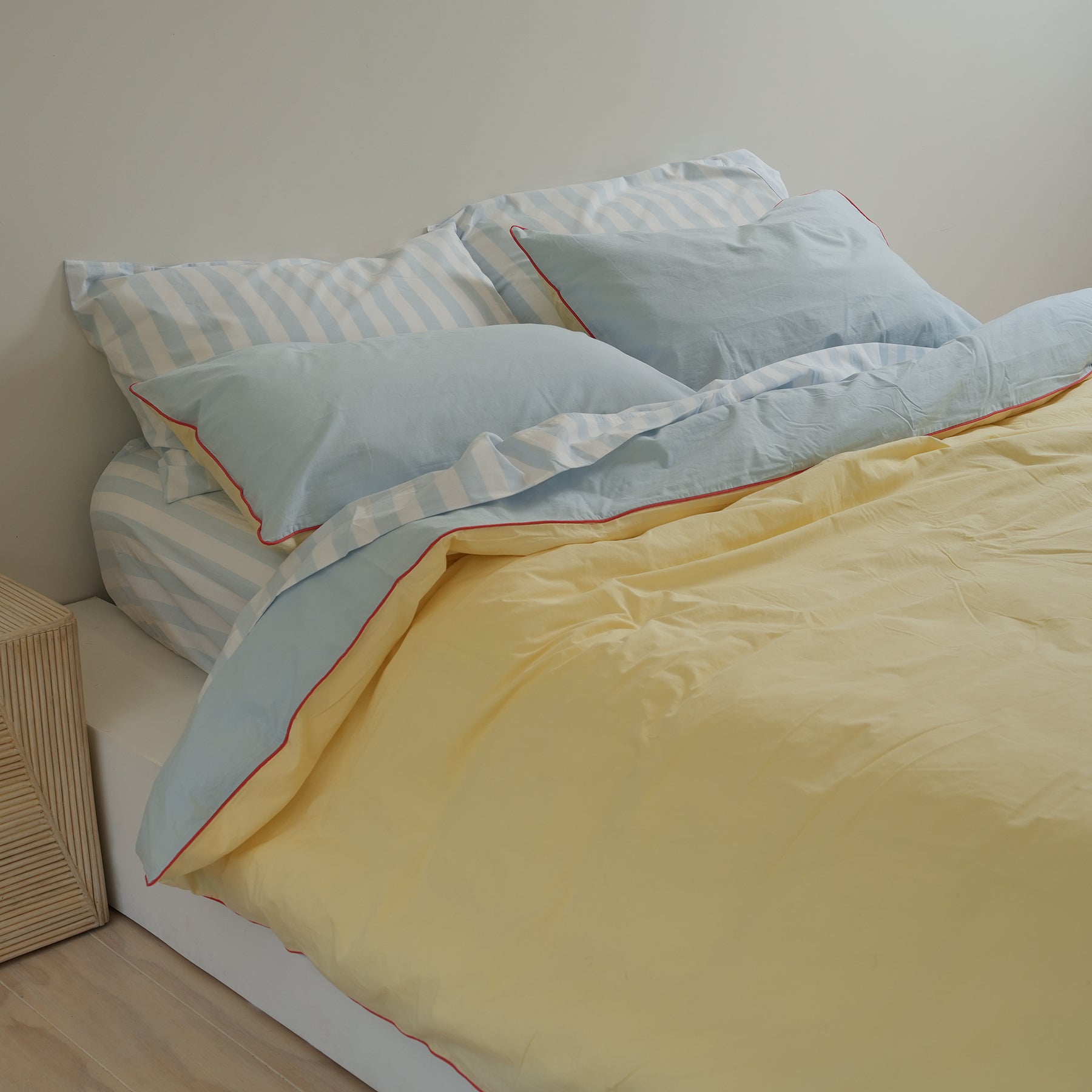 100% stonewashed cotton duvet set in butter/sky reversible, styled shot
