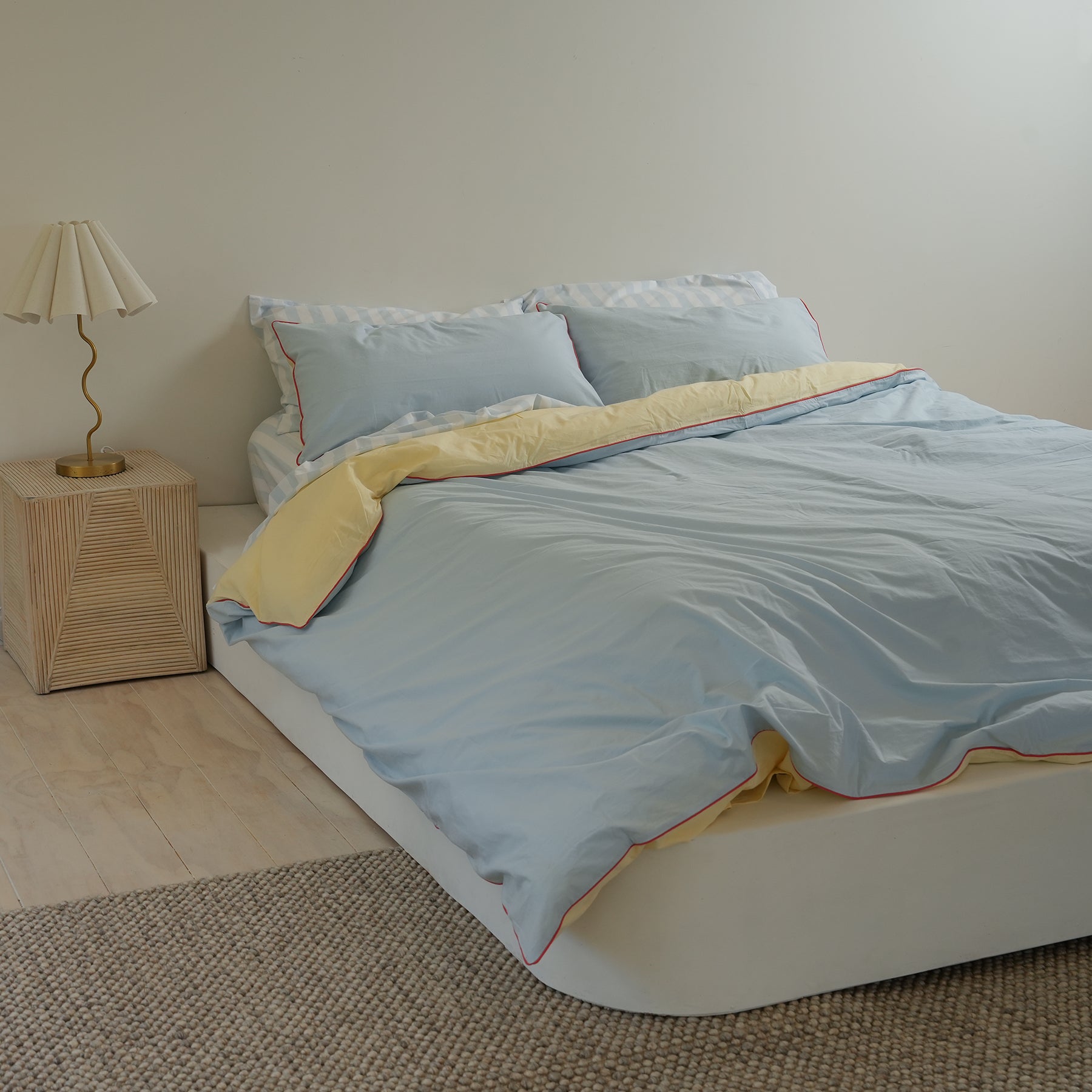 100% stonewashed cotton duvet set in butter/sky reversible, close-up
