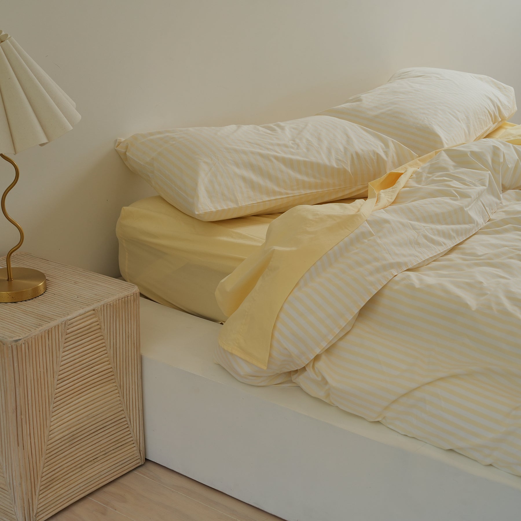 100% stonewashed cotton duvet set in butter stripe, alternate angle