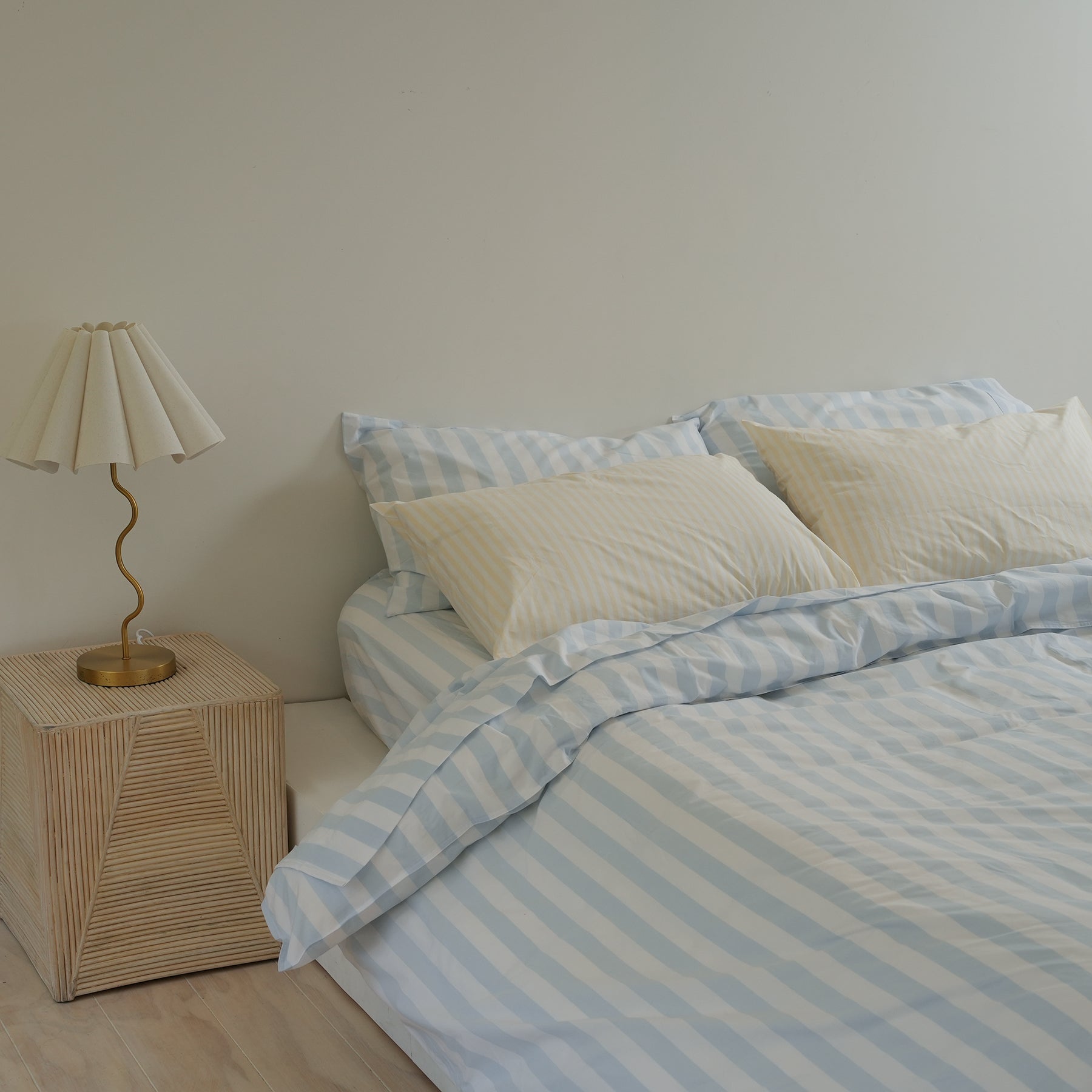 100% stonewashed cotton duvet set in sky blue stripe, detail view