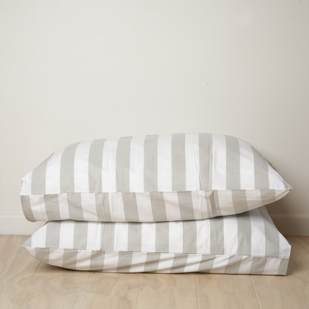 100% stonewashed cotton pillowcase pair in sage stripe
