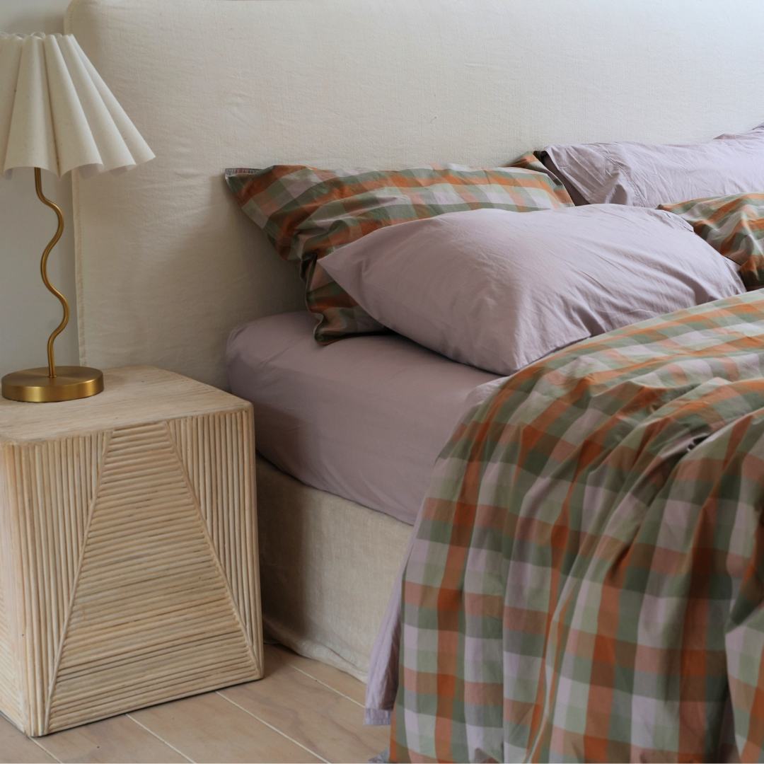 100% stonewashed cotton sheet set in lavender, close-up