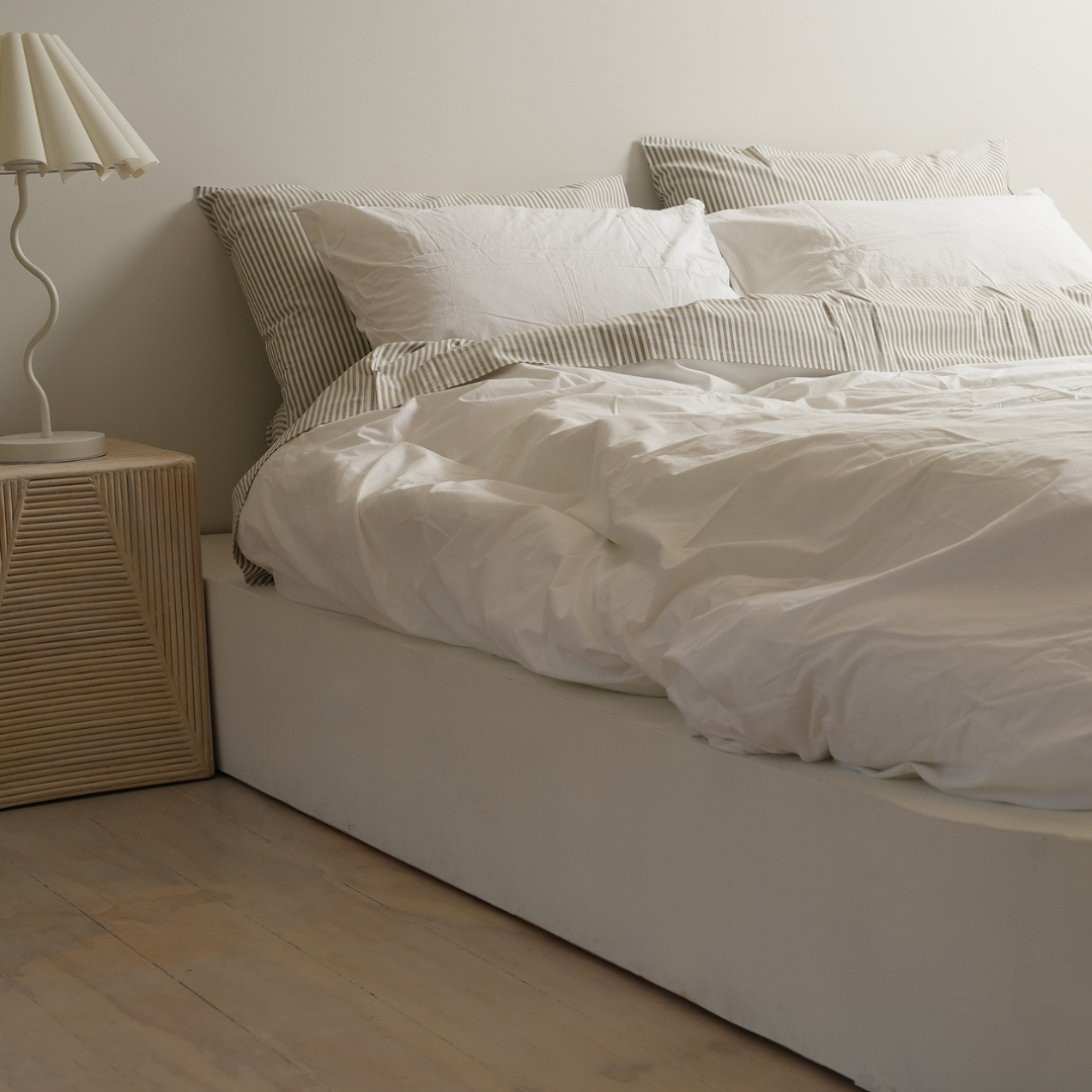 100% stonewashed cotton sheet set in olive stripe, close-up