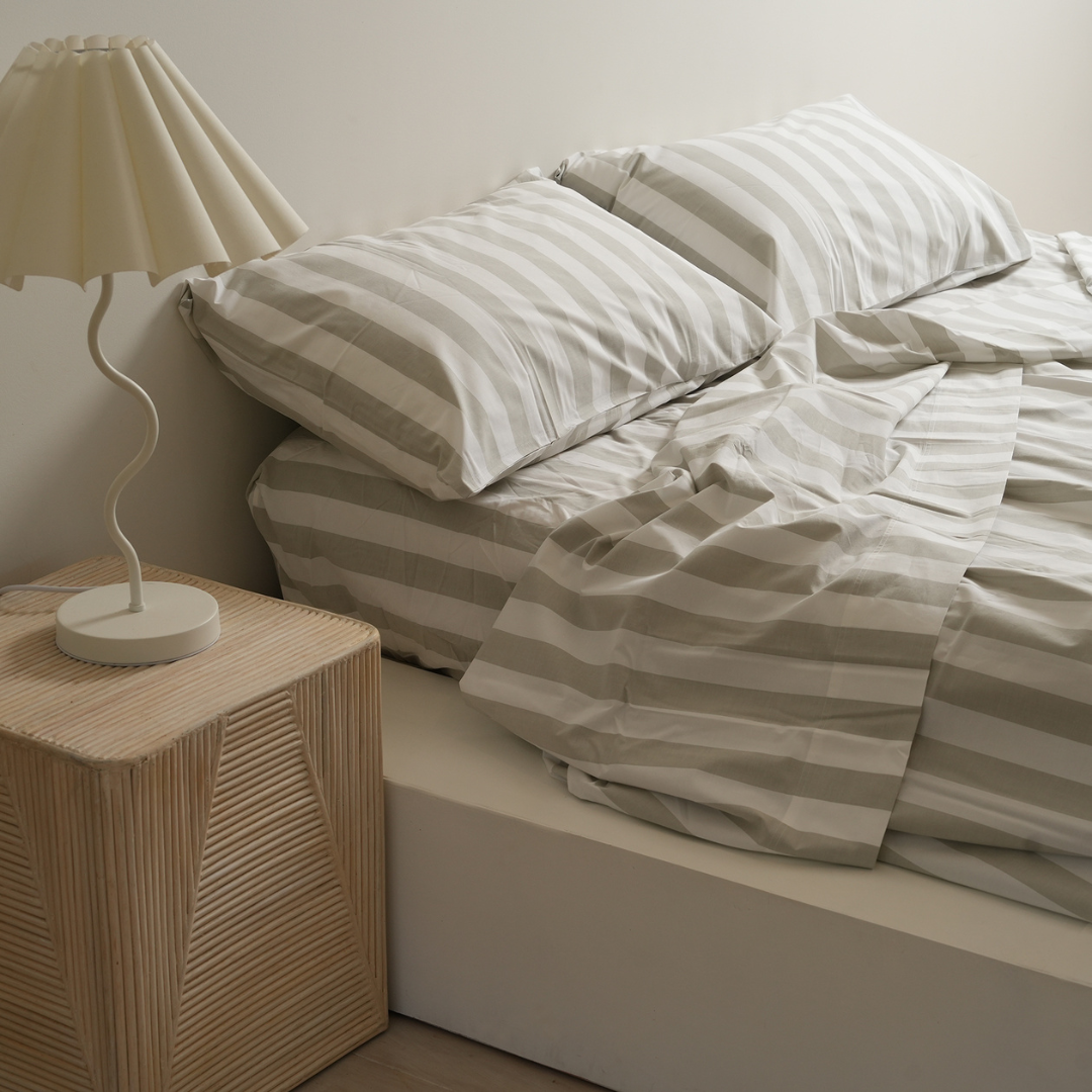 100% stonewashed cotton sheet set in sage stripe