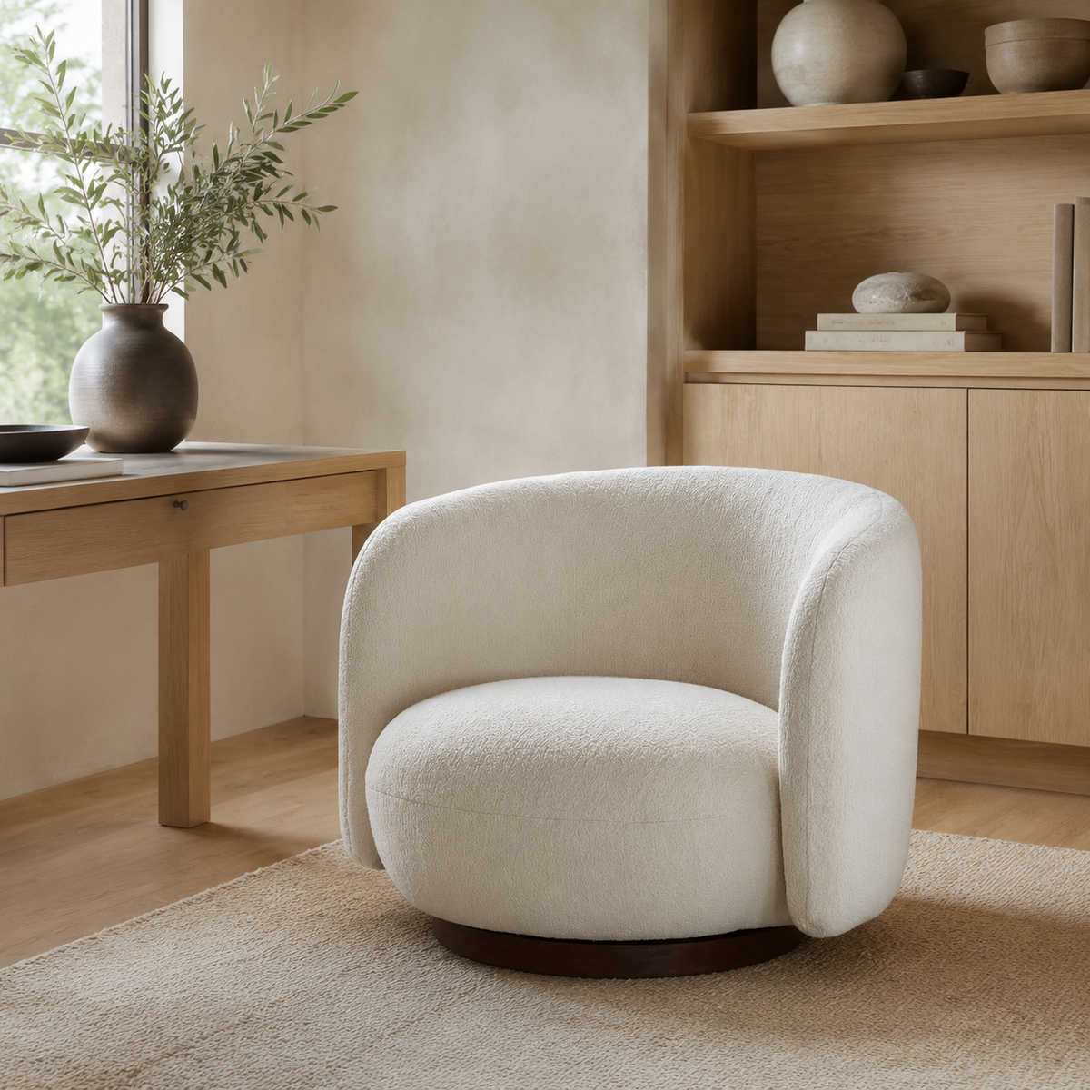 Form Boucle Swivel Chair styled in a Home Lab interior — option C