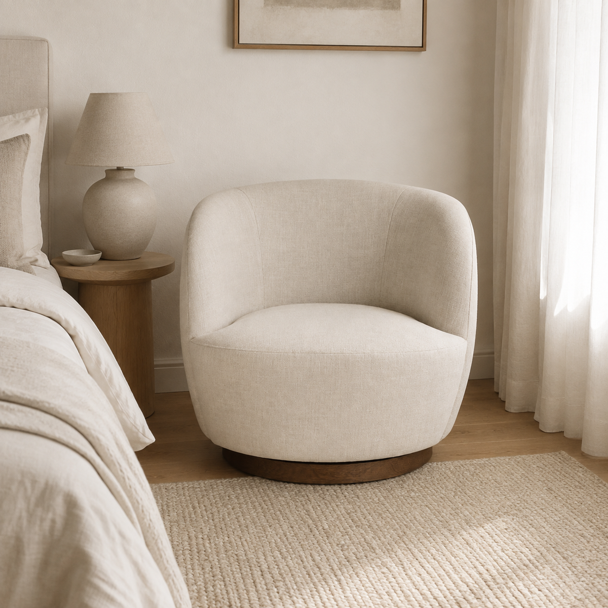 Mid Century Linen Swivel Chair styled in a Home Lab interior — option B