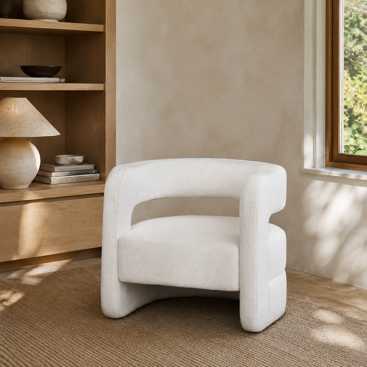 Boucle Archer Chair styled in a Home Lab interior — option B