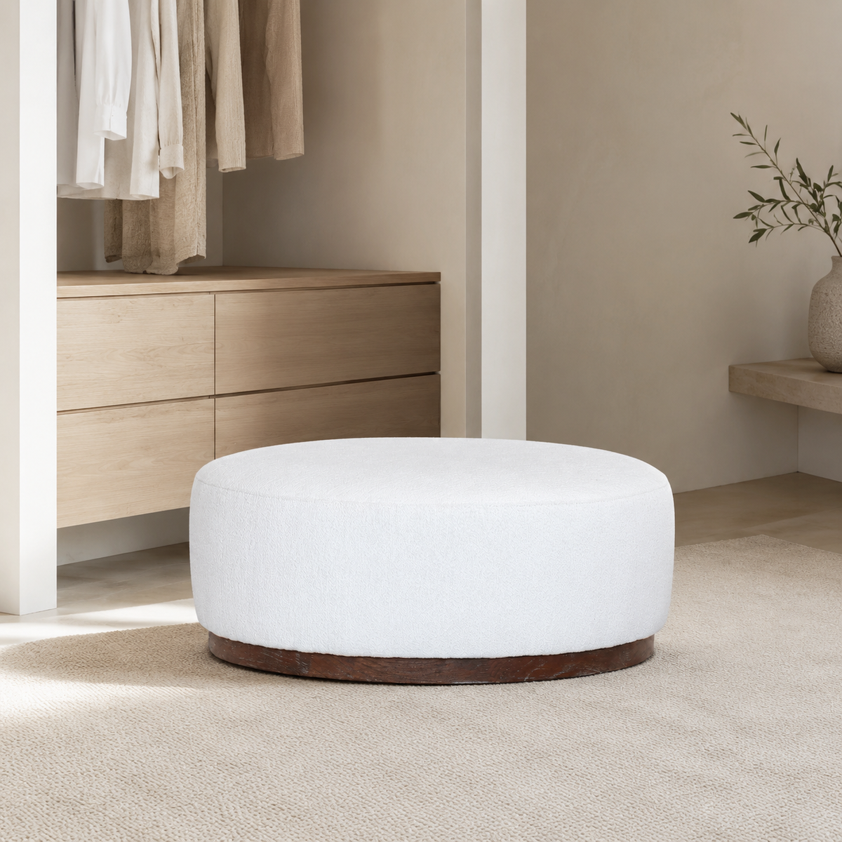 Round Boucle Ottoman/Coffee Table styled in a Home Lab interior — option C