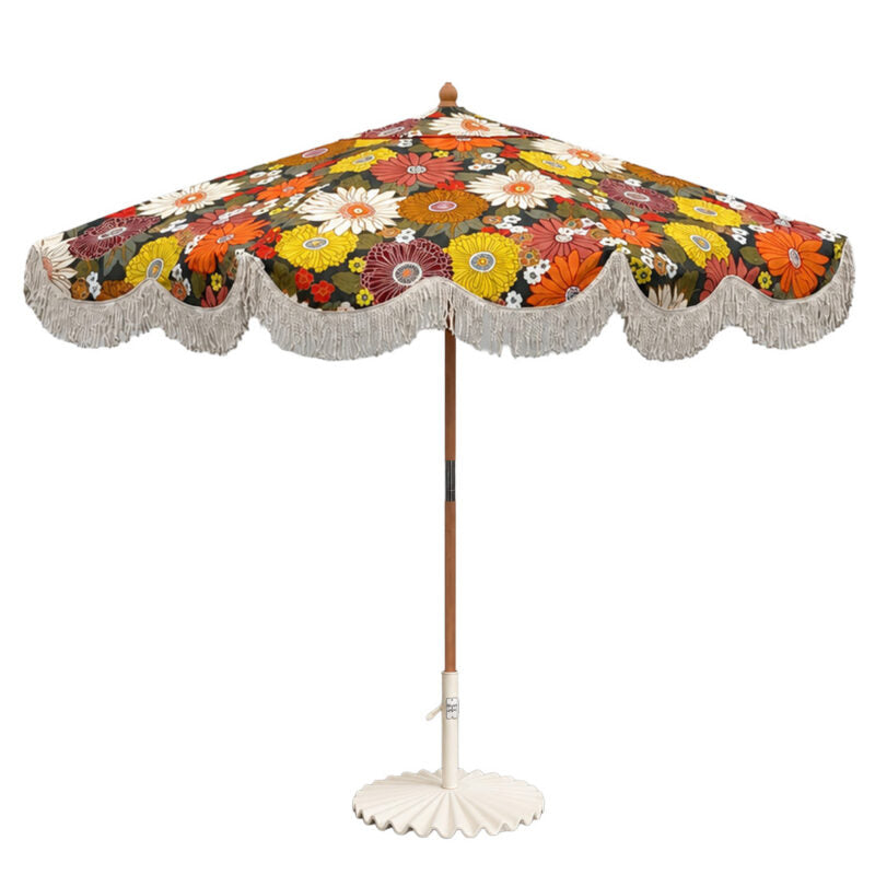 Market Umbrella – Tokyo in retro floral print with scalloped edging and cotton fringing
