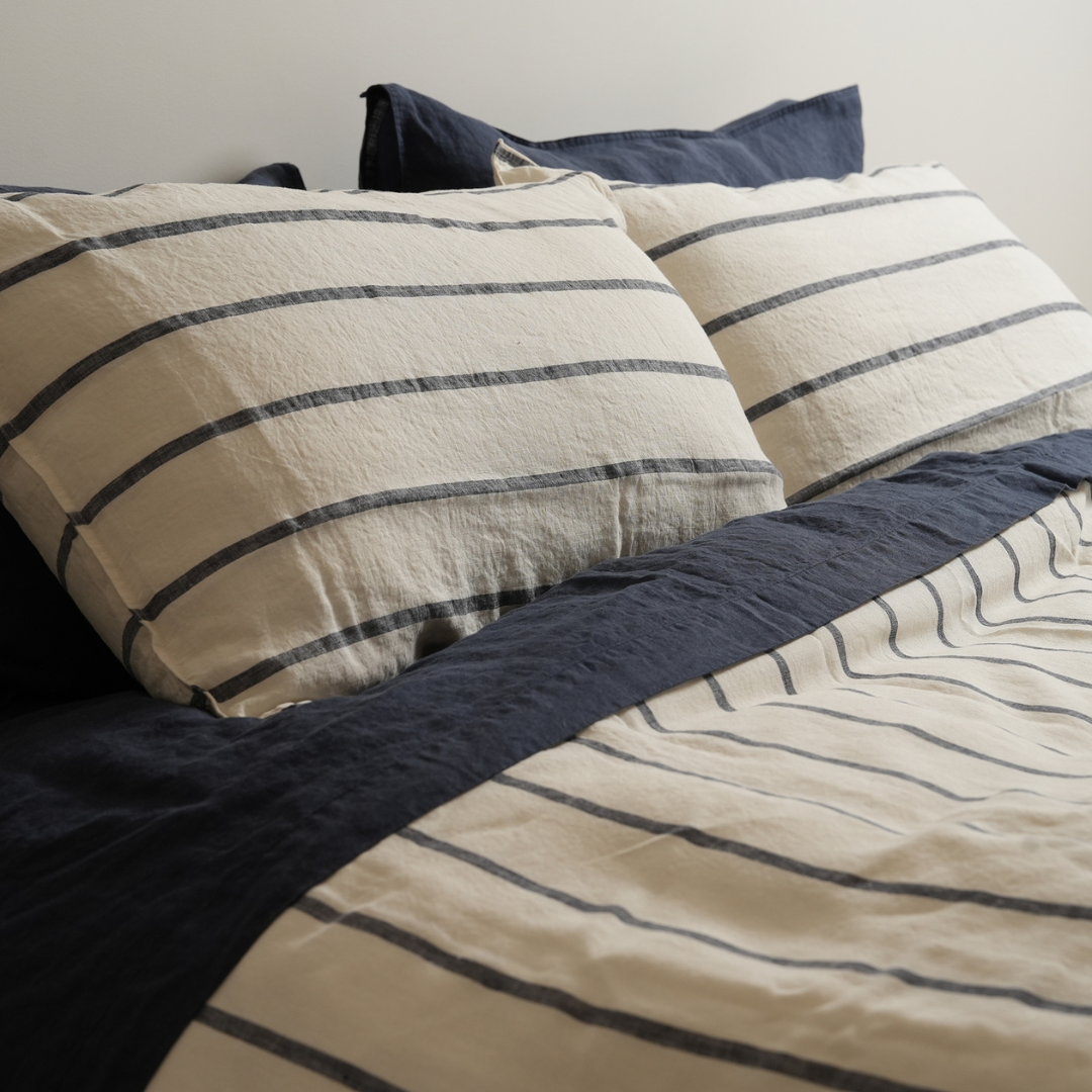 100% French Flax Linen Duvet Cover Set - Midnight Stripe