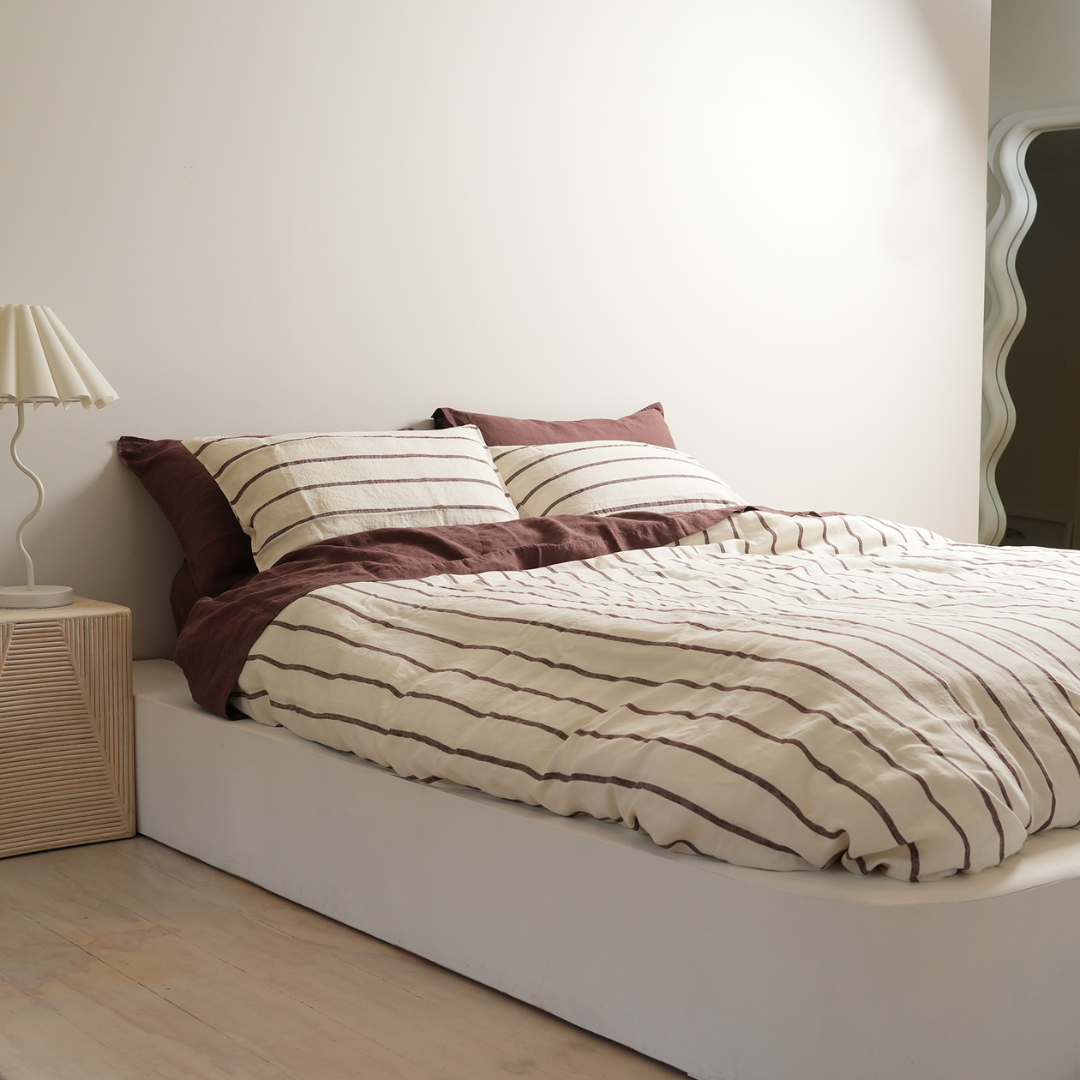 100% French Flax Linen Duvet Cover Set - Cocoa Stripe