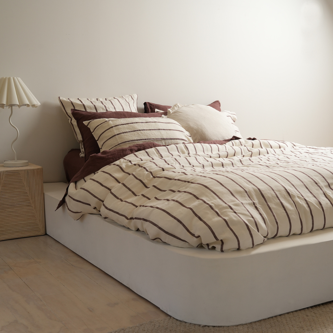 100% French Flax Linen Duvet Cover Set - Cocoa Stripe