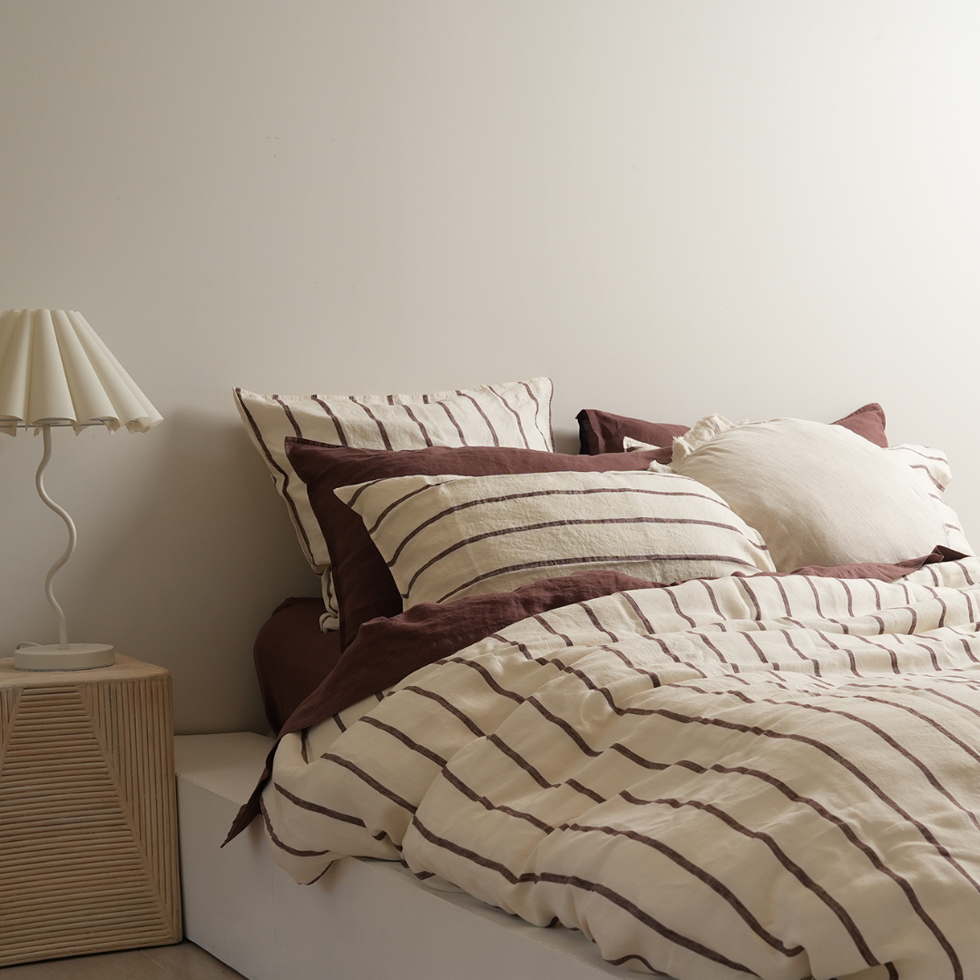 100% French Flax Linen Euro pillowcase- Cocoa Stripe