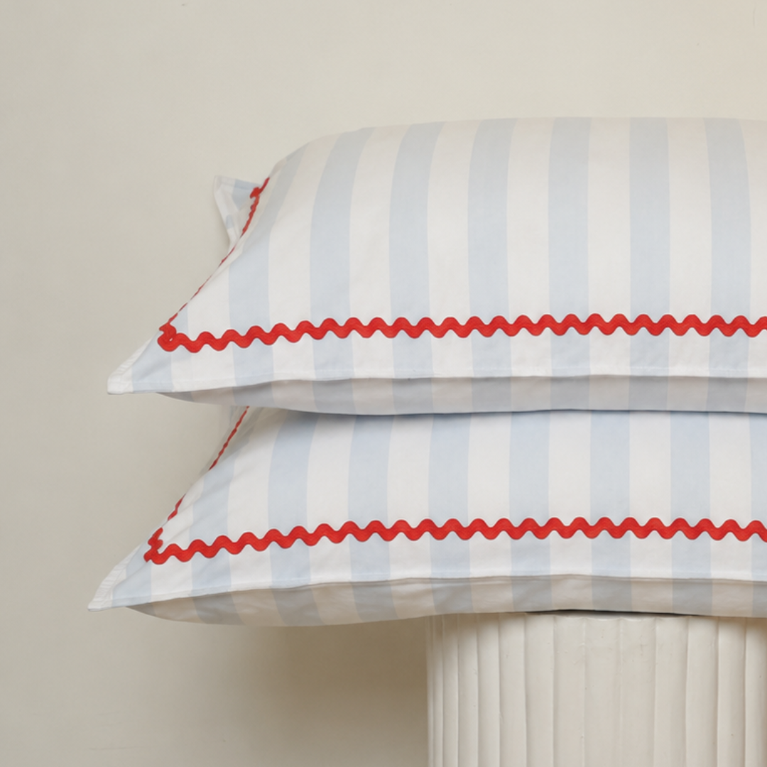 Bonnie Pillowcase Pair- Sky Blue Stripe/Red Trim