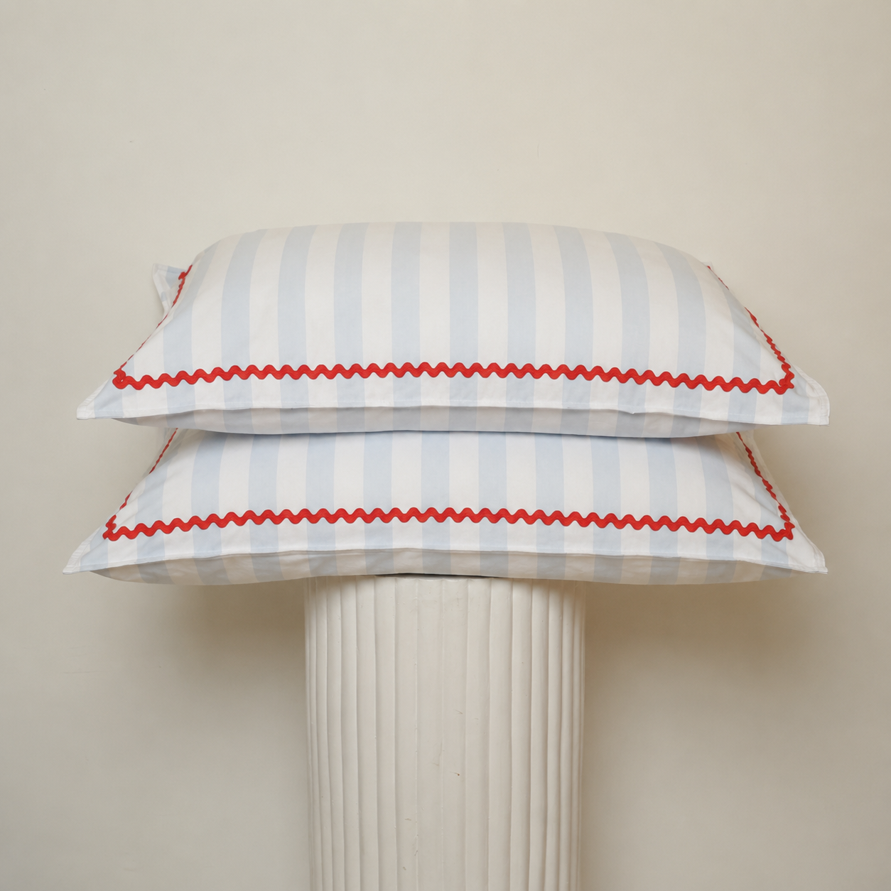 Bonnie Pillowcase Pair- Sky Blue Stripe/Red Trim
