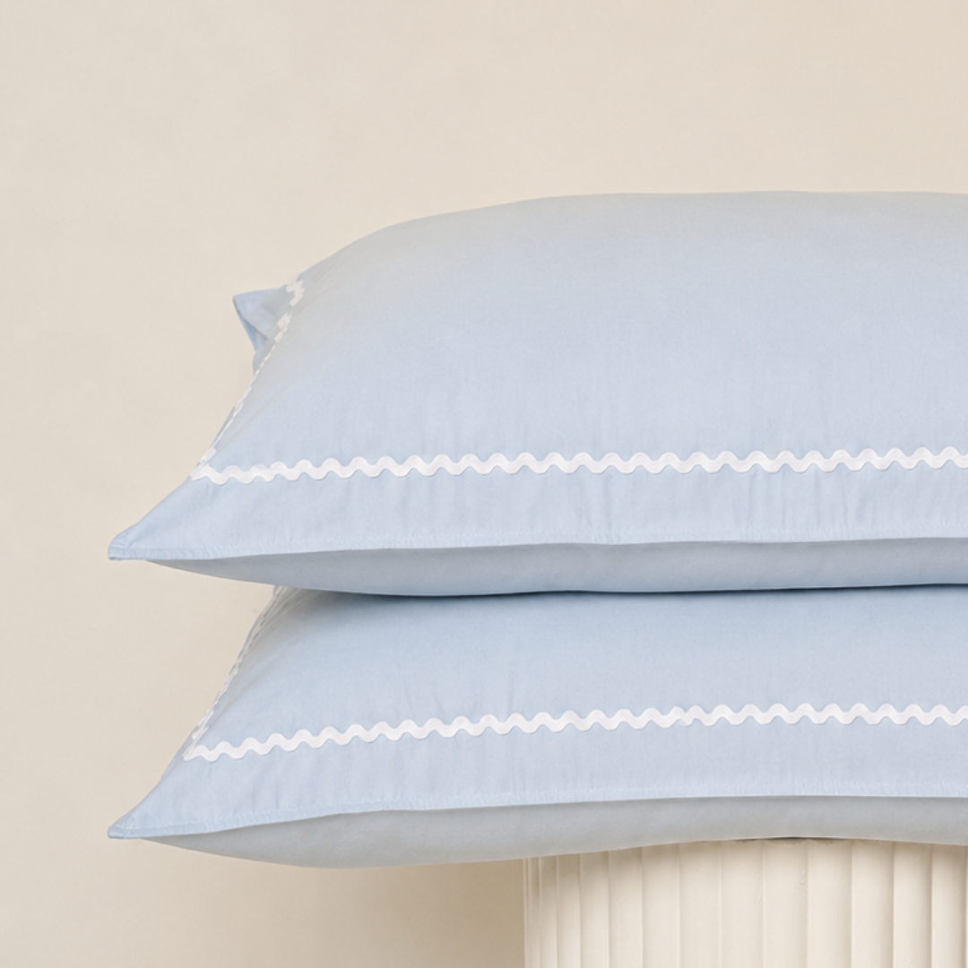 Bonnie pillowcase pair in sky blue/white trim