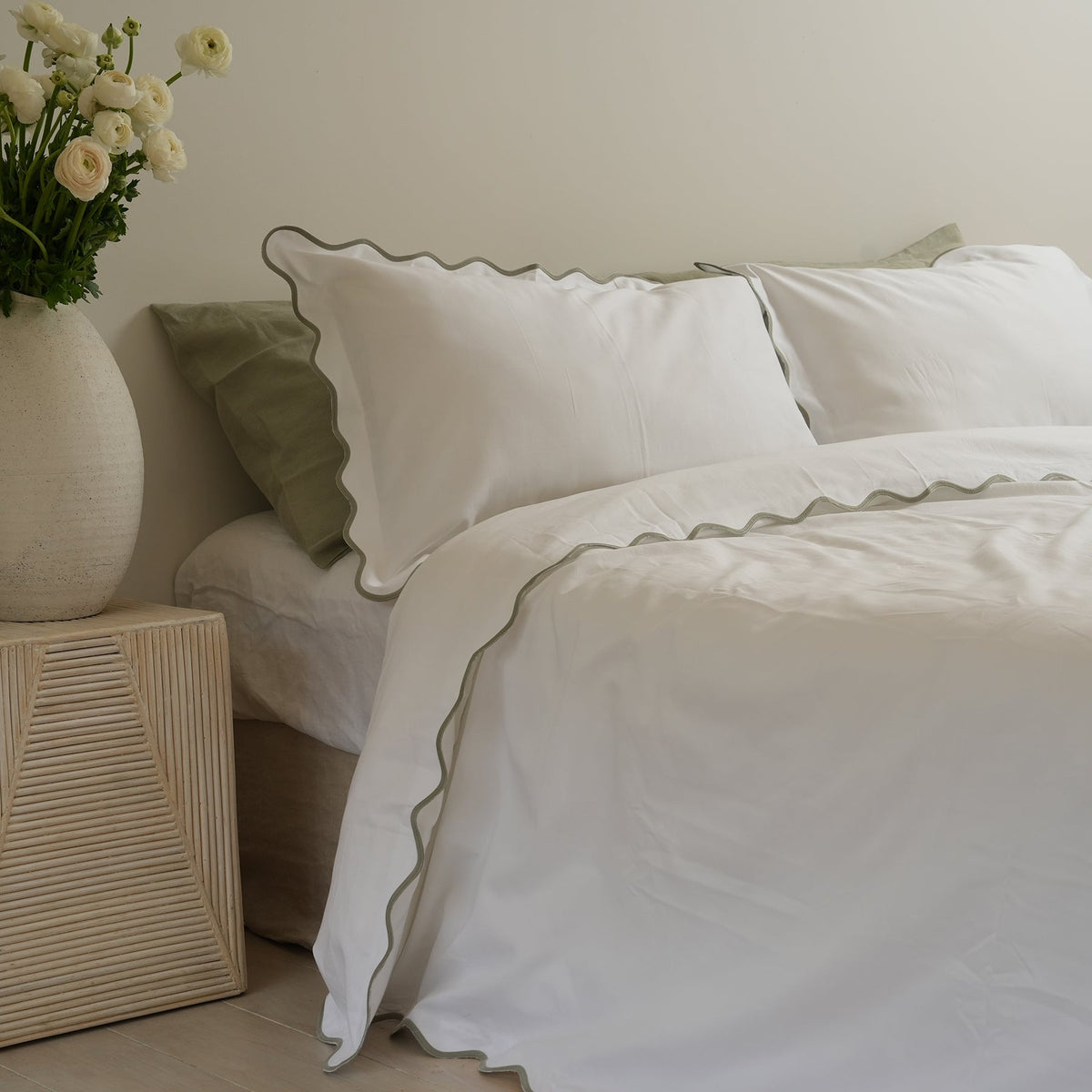 Celine duvet set in white/sage, close-up