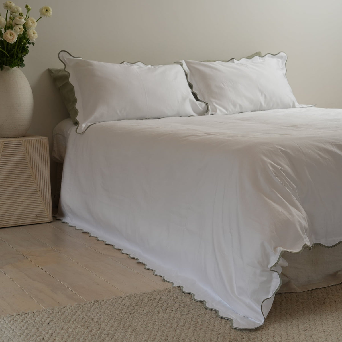 Celine duvet set in white/sage, side view