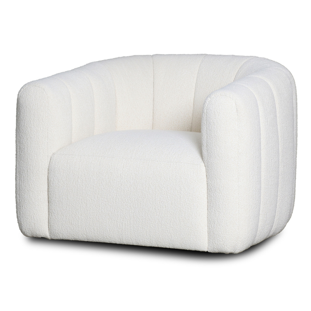 Channelled boucle swivel armchair