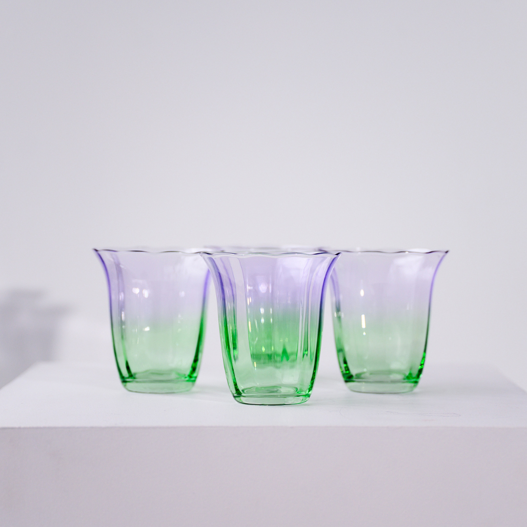 Fleur stemless glass- set of 4 in green/lilac, side view