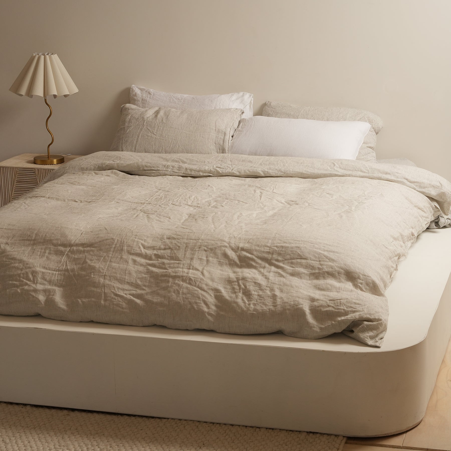 French flax linen duvet cover set in Charcoal Pinstripe side view