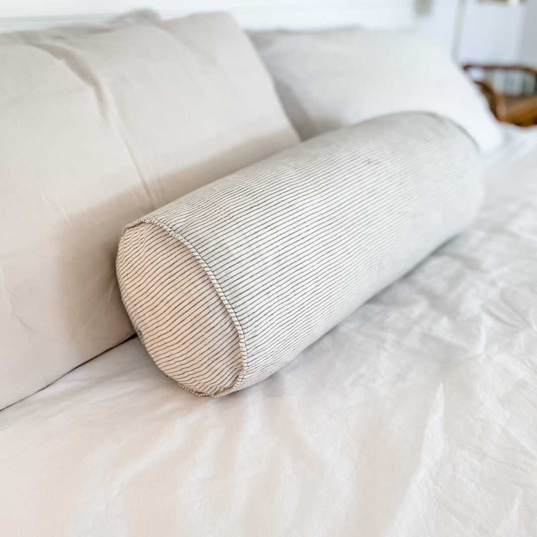 French flax linen feather filled bolster cushion in Charcoal Pinstripe
