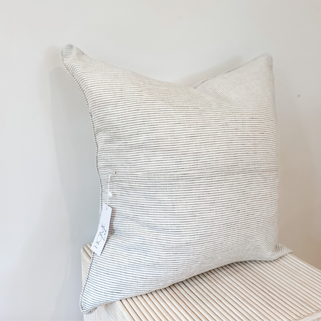 French flax linen feather filled cushion in Charcoal Pinstripe close-up of fabric