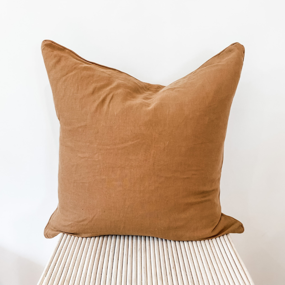 French flax linen feather filled cushion in Ginger